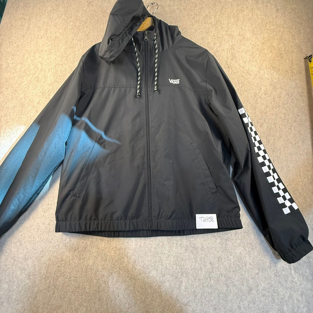Vans Mens Black Checkerboard Sleeve Full Zip Hooded Windbreaker Jacket XL